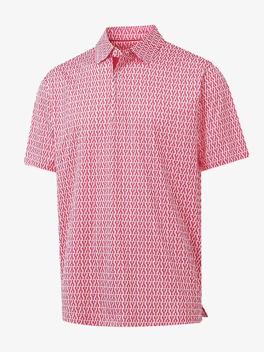 3D view of RED LOBSTER polo showing vibrant seafood-themed pattern and textured fabric