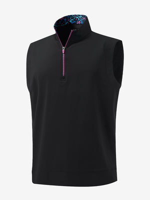 3D front view of the print collar quarter zip golf vest in black, sleek and sporty design.