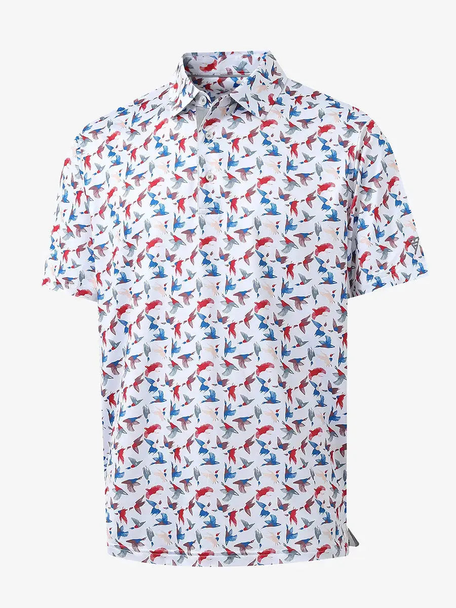 3D view showcasing the lively design on COLORFUL WILD GOOSE Performance Print Boys Golf Polo