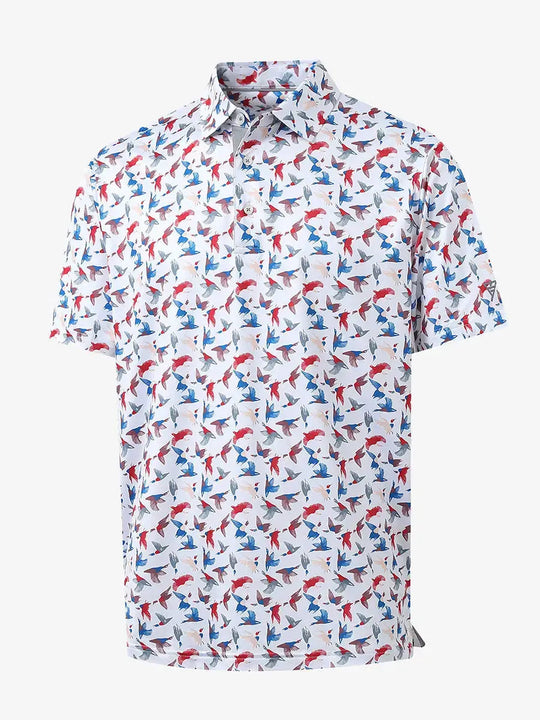 3D view showcasing the lively design on COLORFUL WILD GOOSE Performance Print Boys Golf Polo