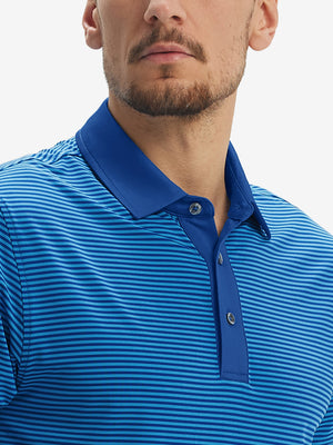 Close-up: nose to chest in cobalt stripe upgraded two-tone striped quick dry polo shirt