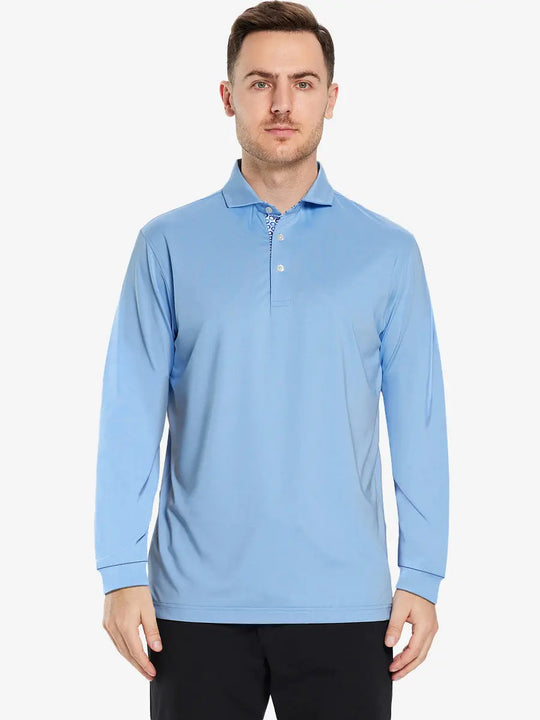 Front half-body view of model wearing LIGHT BLUE Long Sleeve Solid Jersey Polo
