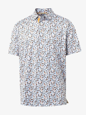 3D view showcasing the vibrant pattern on WHITE ORANGE PICNIC Performance Print Boys Golf Polo