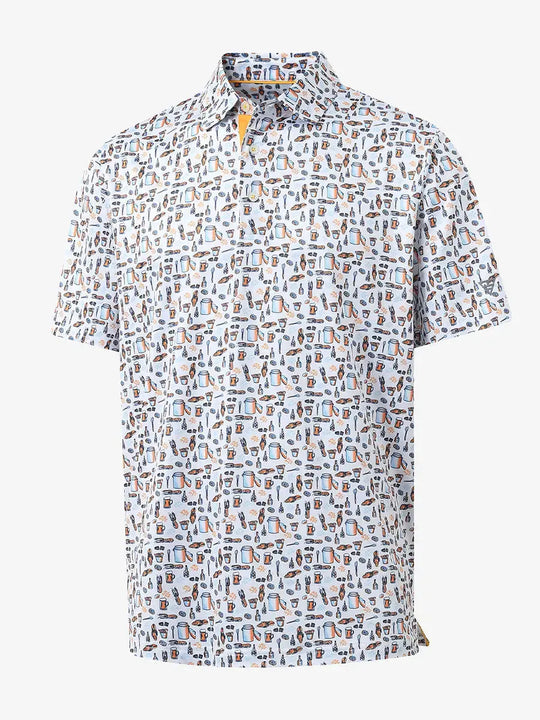 3D view showcasing the vibrant pattern on WHITE ORANGE PICNIC Performance Print Boys Golf Polo