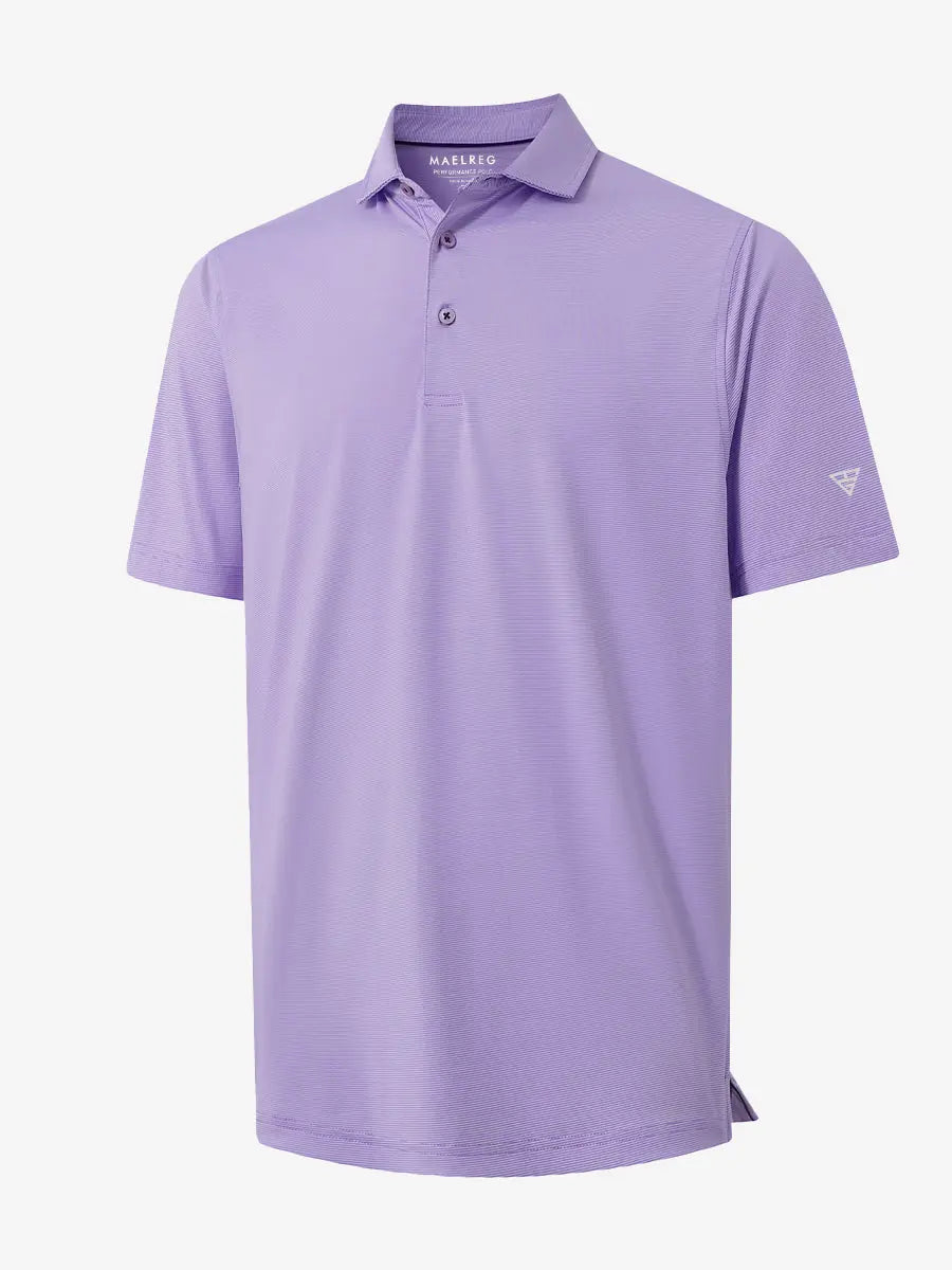 Folded LAVENDER WHITE STRIPE Pinstripe Jersey Performance Polo neatly displayed								
