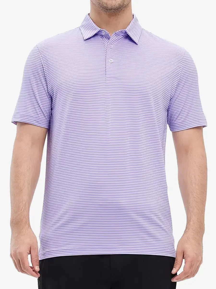 Half-body front shot of model in LAVENDER WHITE STRIPE, modern fit with a calm, composed vibe
