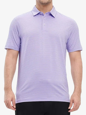 Half-body front shot of model in LAVENDER WHITE STRIPE, modern fit with a calm, composed vibe