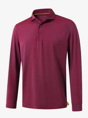Front 3D view of Long sleeve pinstripe jersey polo in maroon stripe with sharp stripe pattern