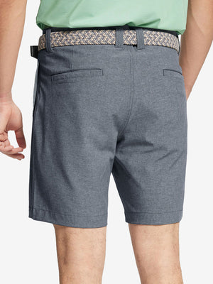 Back view of youth in navy Heather Performance Golf Shorts, highlighting rear design and fit