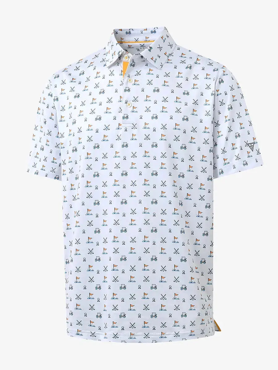 3D view showcasing the crisp design on WHITE GOLF Performance Print Boys Golf Polo