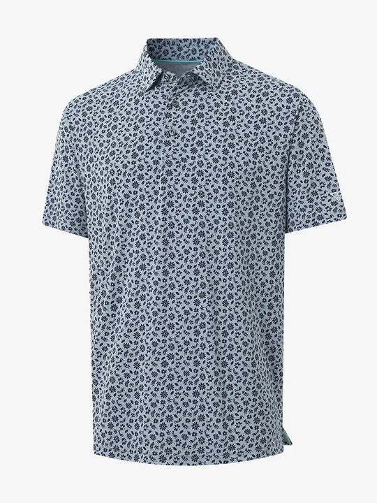3D view of GRAYISH BLUE FLOWER Popular Heather Print Polo showing texture and print details