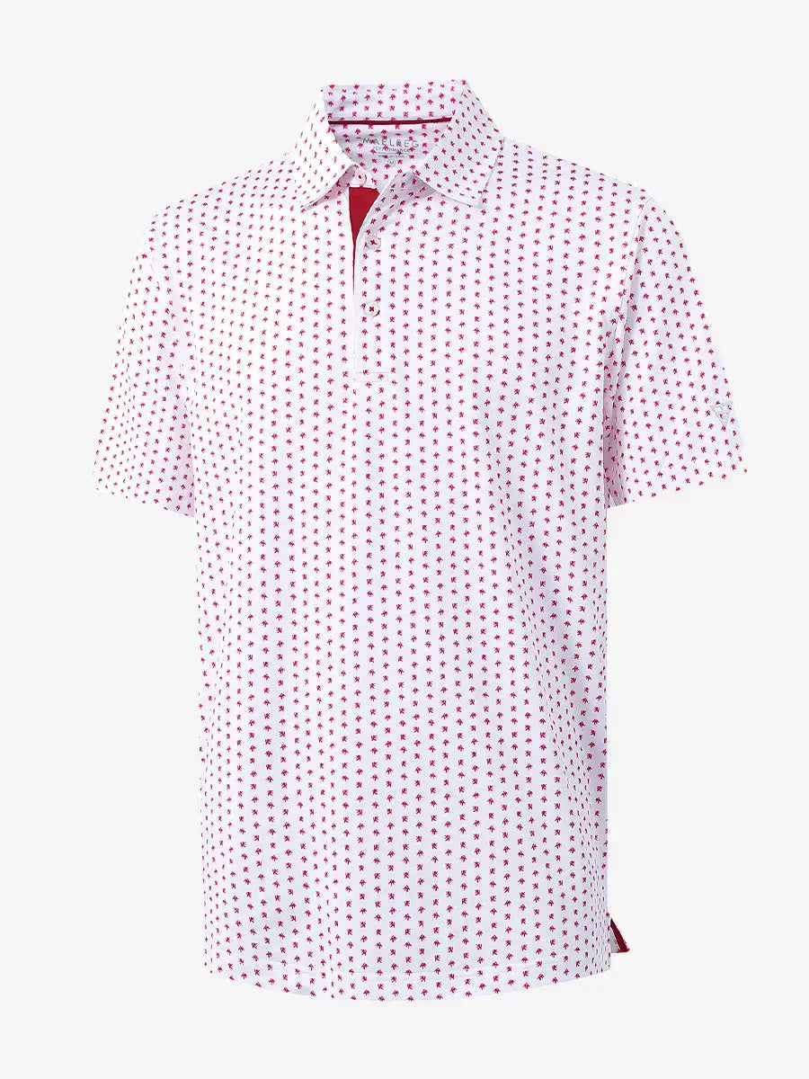 3D view showcasing the bold pattern on WHITE RED LION Performance Print Boys Golf Polo