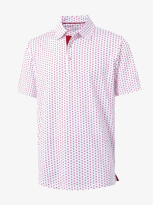 3D view showcasing the bold pattern on WHITE RED LION Performance Print Boys Golf Polo