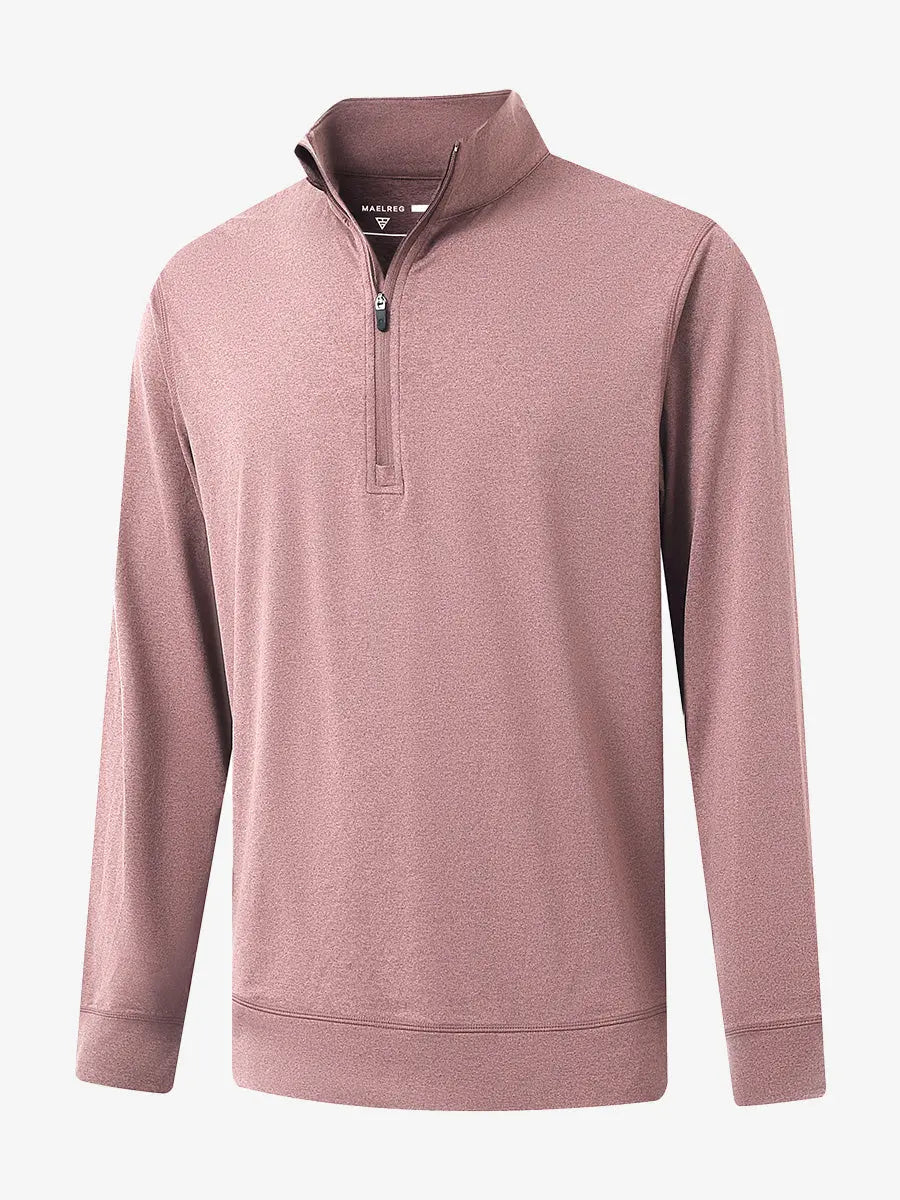 3D view of PINK HEATHER Quarter Zip Melange Pullover showing shape and melange pattern.
