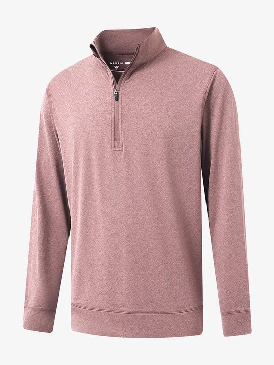 3D view of PINK HEATHER Quarter Zip Melange Pullover showing shape and melange pattern.