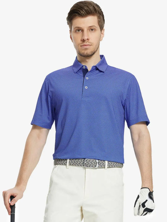 MAELREG Men's Performance Jersey Print Polo in Blue Wavy Line – front half-body with golf pose