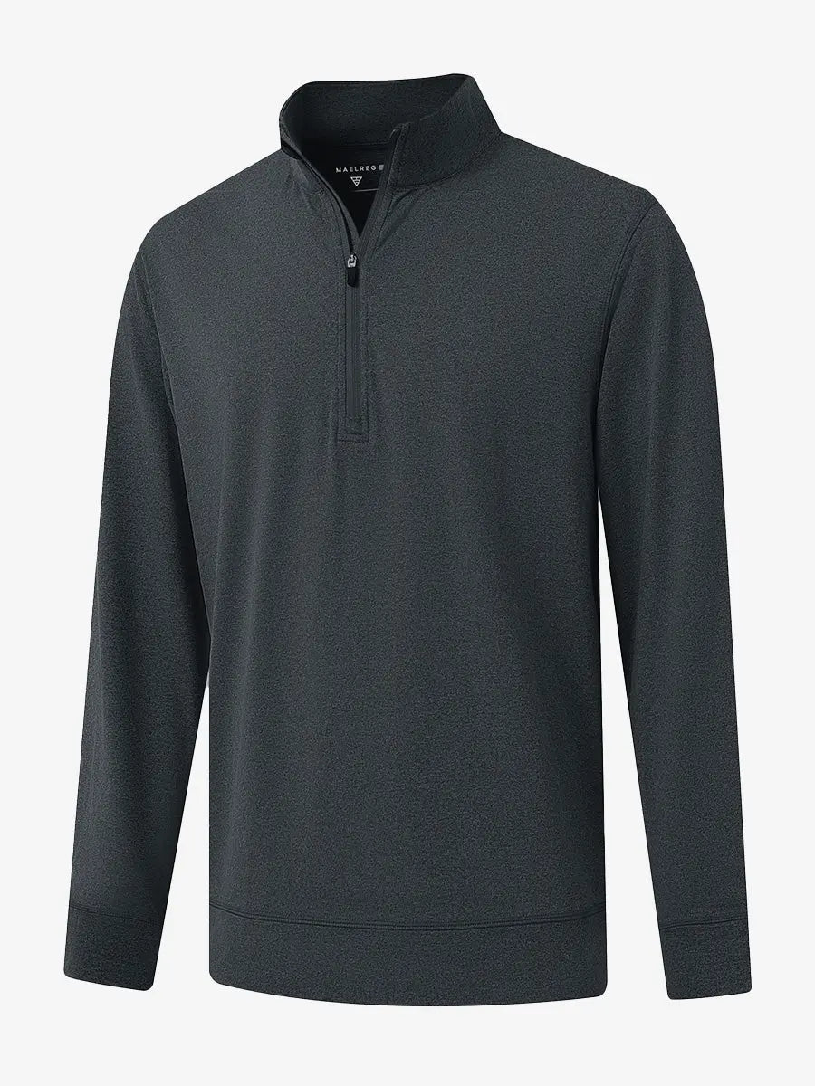 3D view of DARK GREY HEATHER Quarter Zip Melange Pullover showing shape and melange pattern.