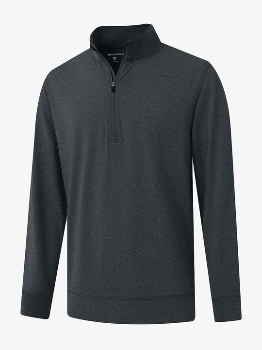 3D view of DARK GREY HEATHER Quarter Zip Melange Pullover showing shape and melange pattern.