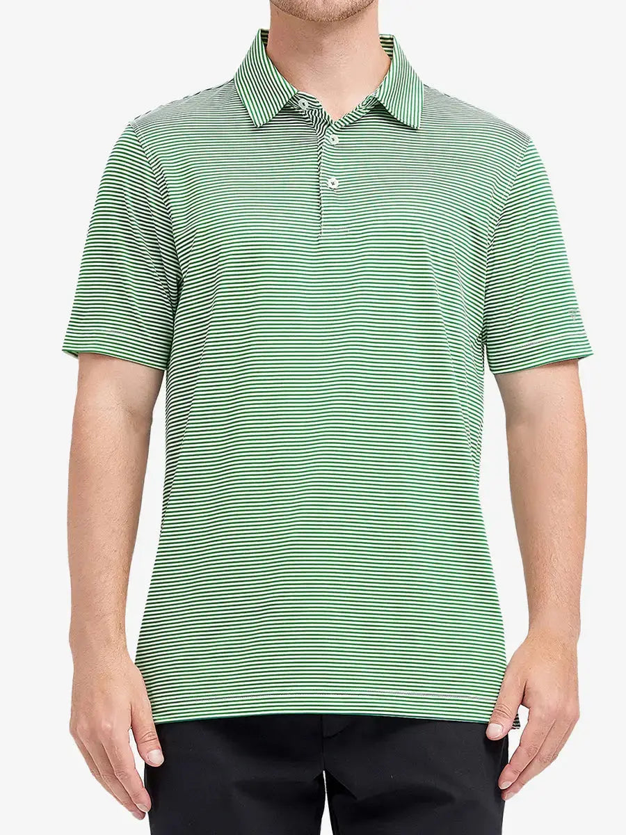 Half-body front shot of model wearing EMERALD STRIPE Cooling Stripe Golf Shirt, illustrating casual athletic fit