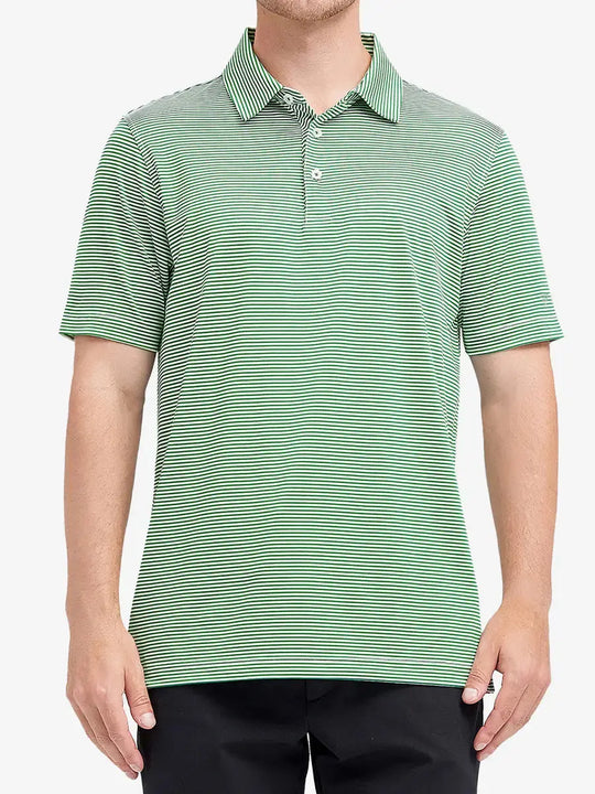 Half-body front shot of model wearing EMERALD STRIPE Cooling Stripe Golf Shirt, illustrating casual athletic fit