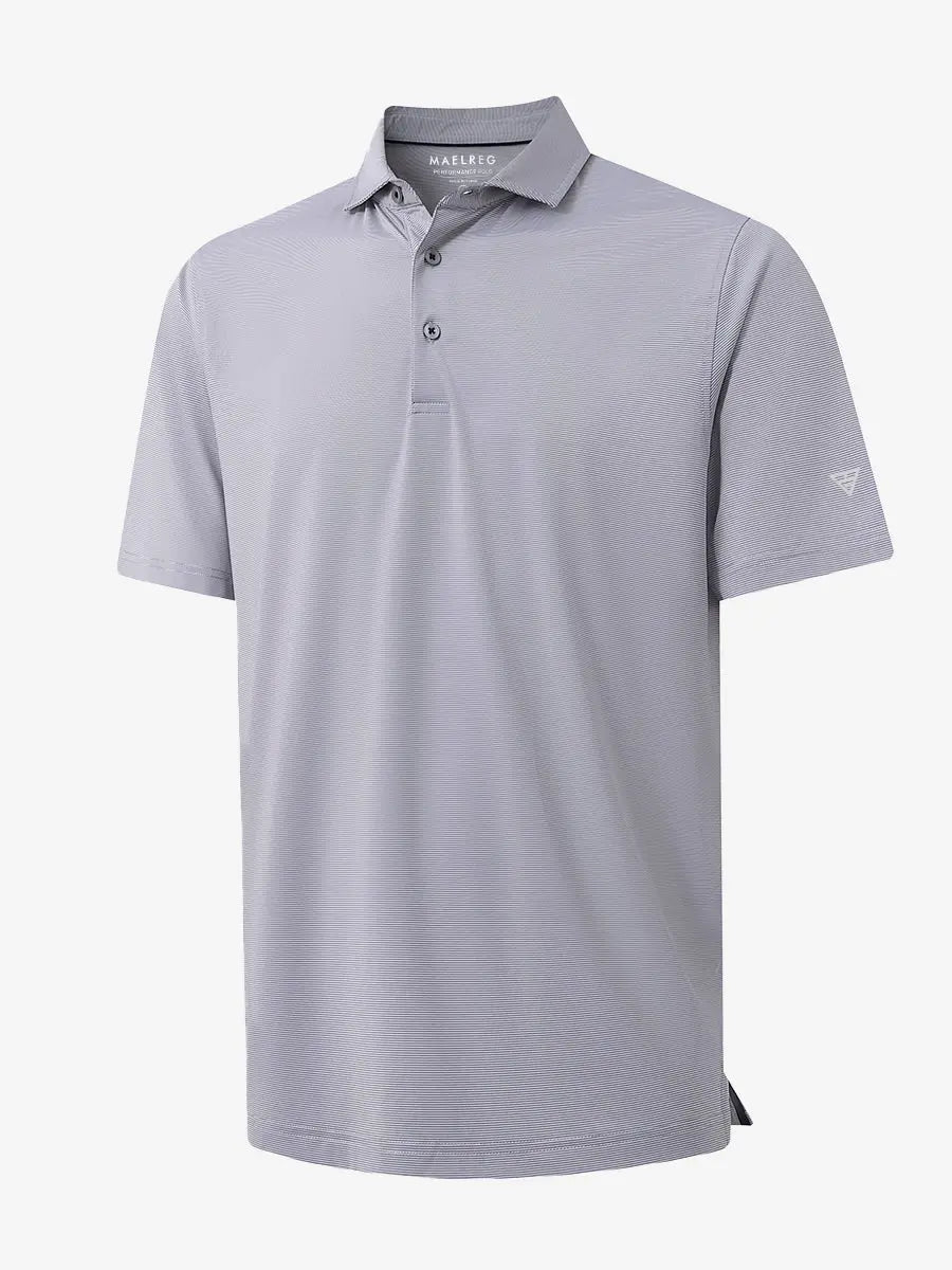 Folded GREY WHITE STRIPE Pinstripe Jersey Performance Polo neatly displayed								
