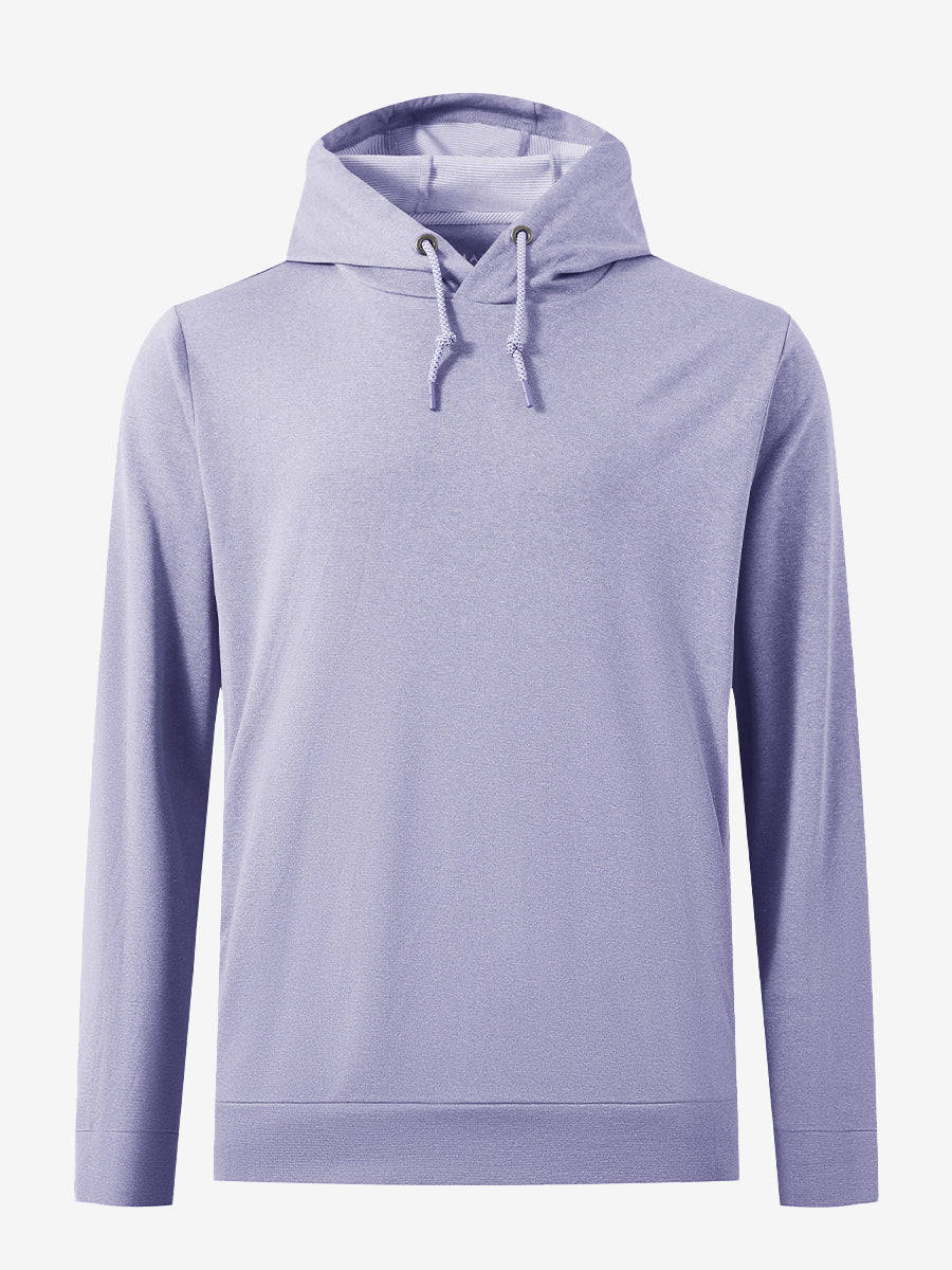 3D front view of the classic heather pullover hoodie in light purple melange, simple and relaxed athletic fit.