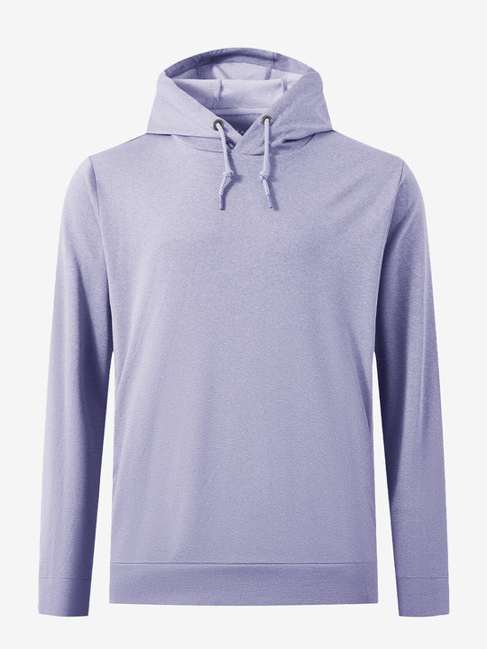 3D front view of the classic heather pullover hoodie in light purple melange, simple and relaxed athletic fit.