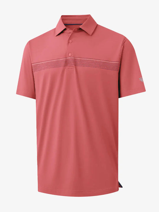 3D view of CRANBERRY Stylish Chest Print Snap Polo showing design and fit