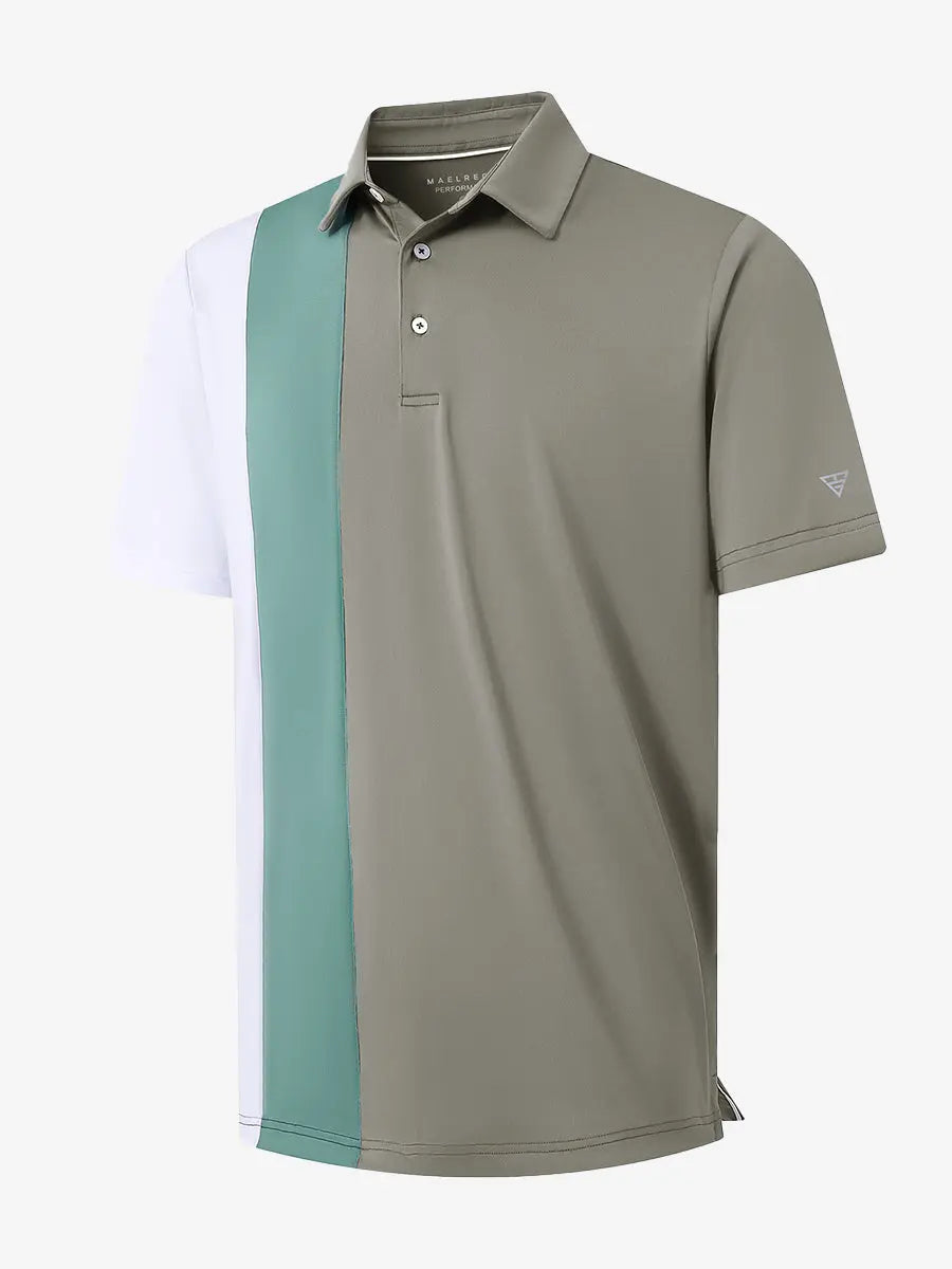 3D view of DARK KHAKI Moisture Wicking Color Block Polo Shirt showing fabric and color block design.