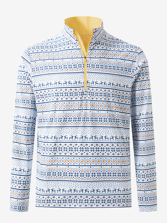 3D front view of the full print quarter zip pullover in christmas snowflake, showcasing bold and modern style.