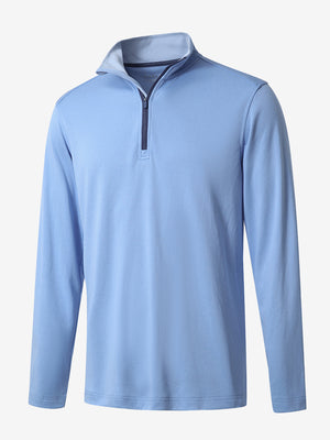 3D rendered display of the LIGHT BLUE MELANGE Moisture Wicking Quarter Zip Pullover laid out in detail.
