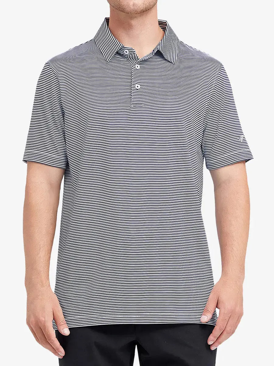 Model wearing Cooling Stripe Golf Shirt in NAVY STRIPE, half-body front view with relaxed pose