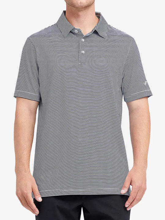 Model wearing Cooling Stripe Golf Shirt in NAVY STRIPE, half-body front view with relaxed pose