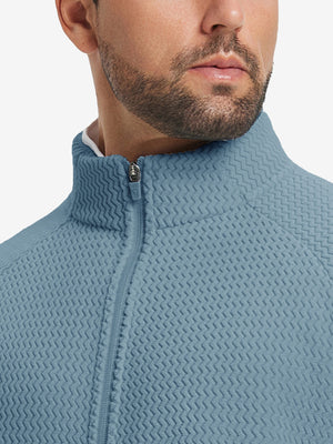 Close-up from nose to chest, highlighting collar detail of soft winter fleece jackets in misty blue.