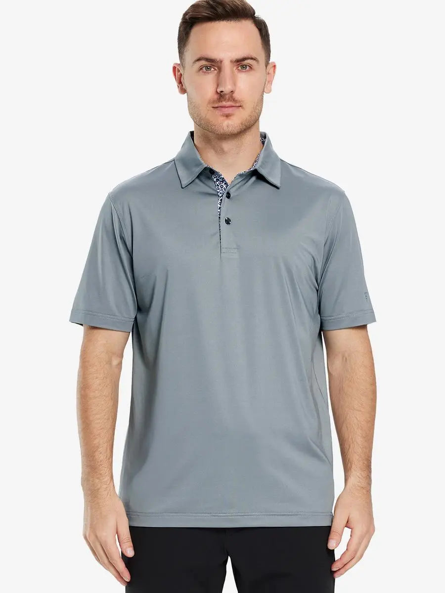 Front half-body view of male model in the Light Grey Everyday Classic Solid Polo, standing still