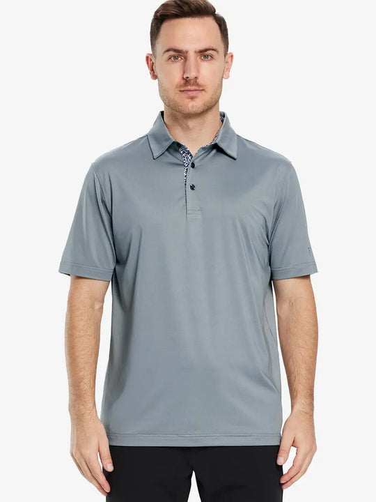 Front half-body view of male model in the Light Grey Everyday Classic Solid Polo, standing still