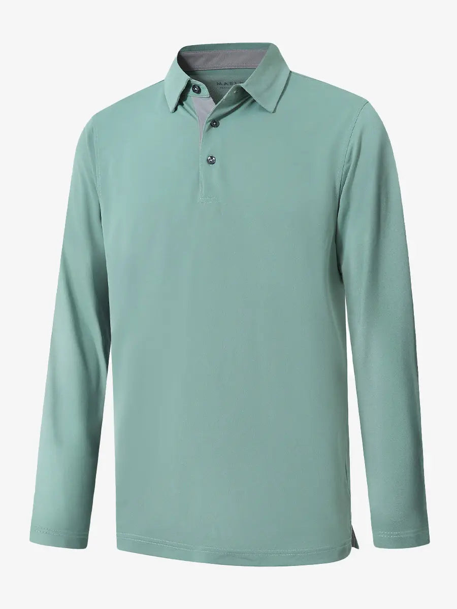 3D view of the beryl green long sleeve pique polo, showcasing its sleek design and zippered details.
