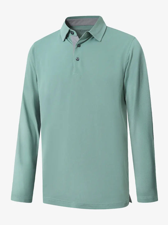 3D view of the beryl green long sleeve pique polo, showcasing its sleek design and zippered details.