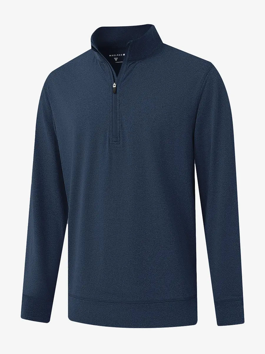 3D view of COBALT HEATHER Quarter Zip Melange Pullover showing shape and melange pattern.