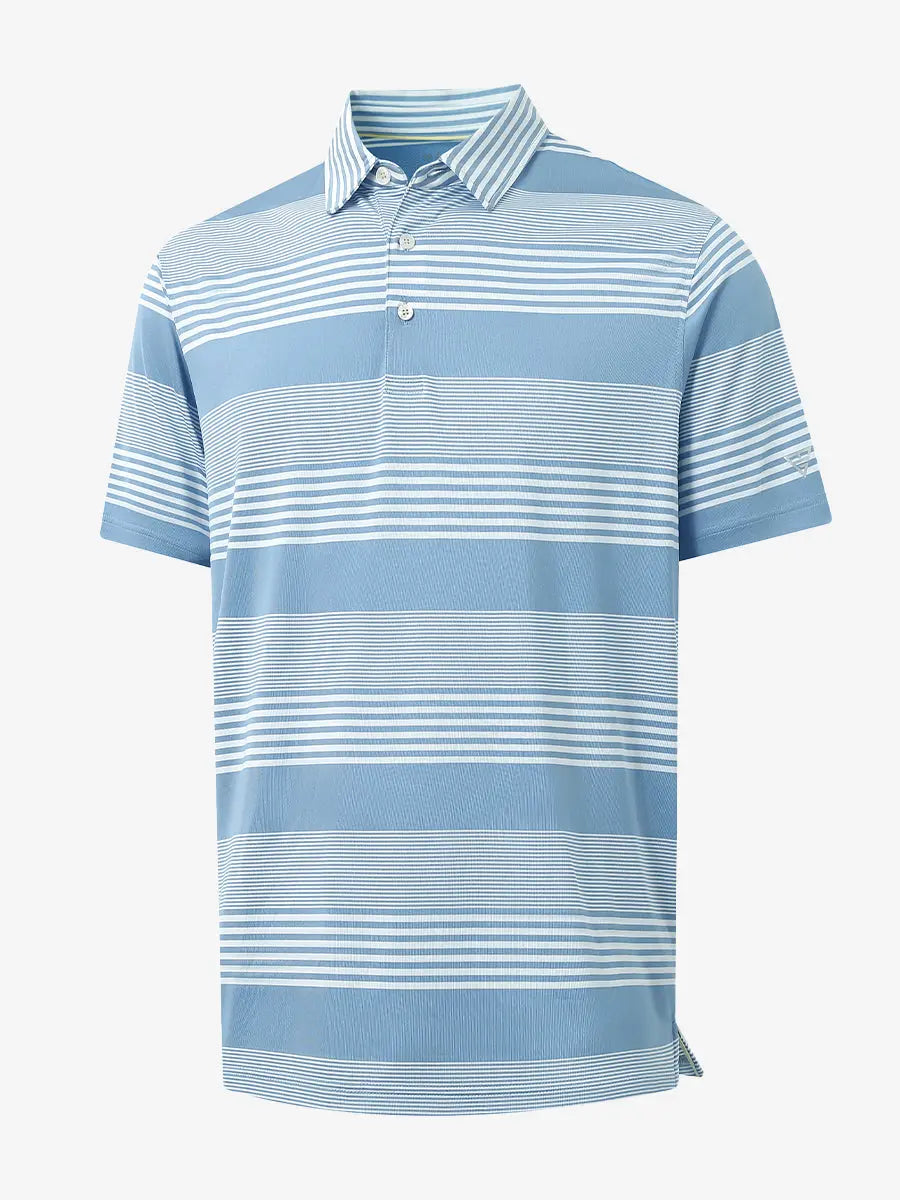 3D view of BLUE WHITE STRIPE Performance Yarn Dye Striped Polo showing striped pattern and fit