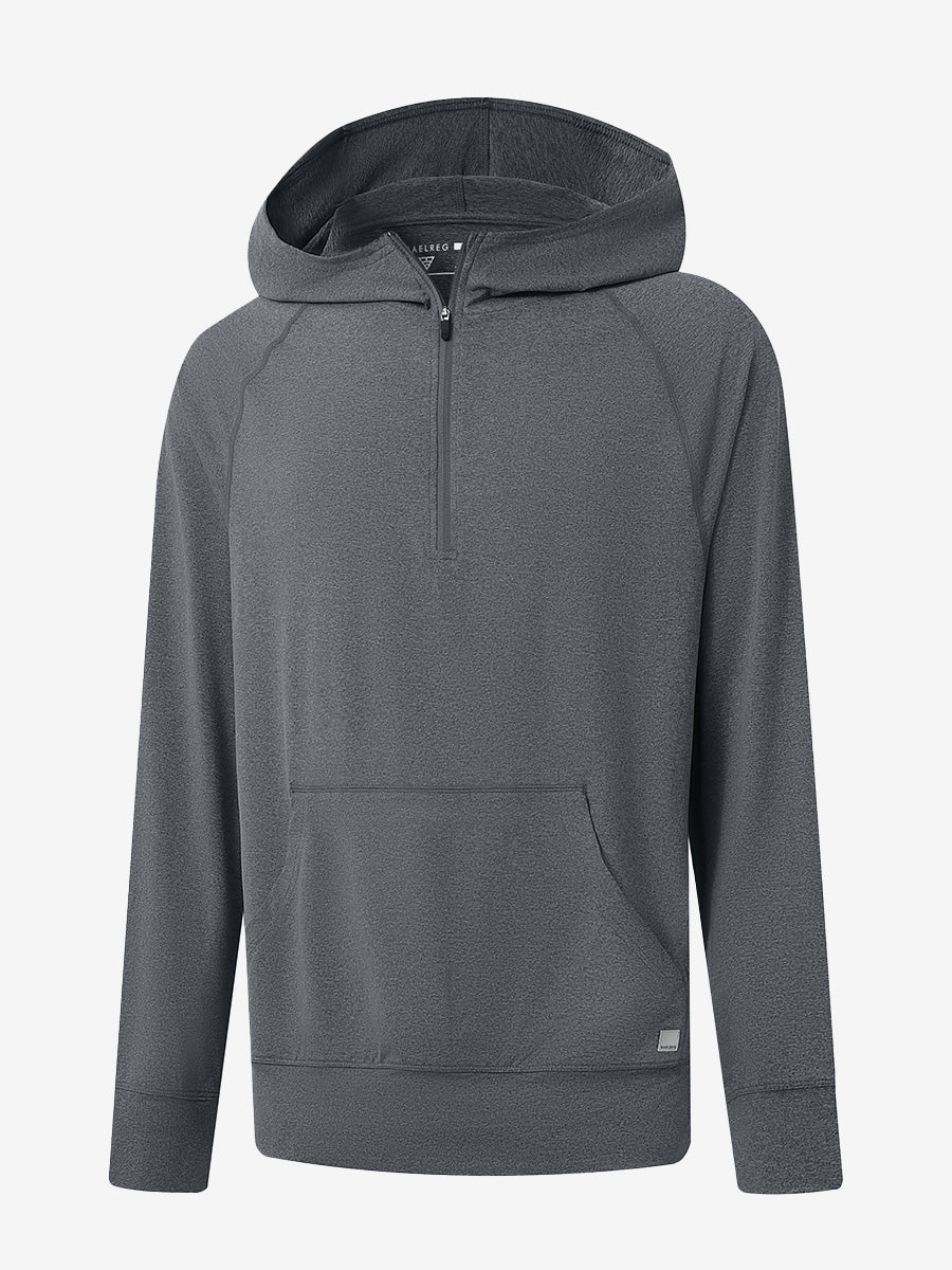 3D front view of the Quarter Zip Hoodie with Kangaroo Pocket in Black Grey Heather, athletic casual style.