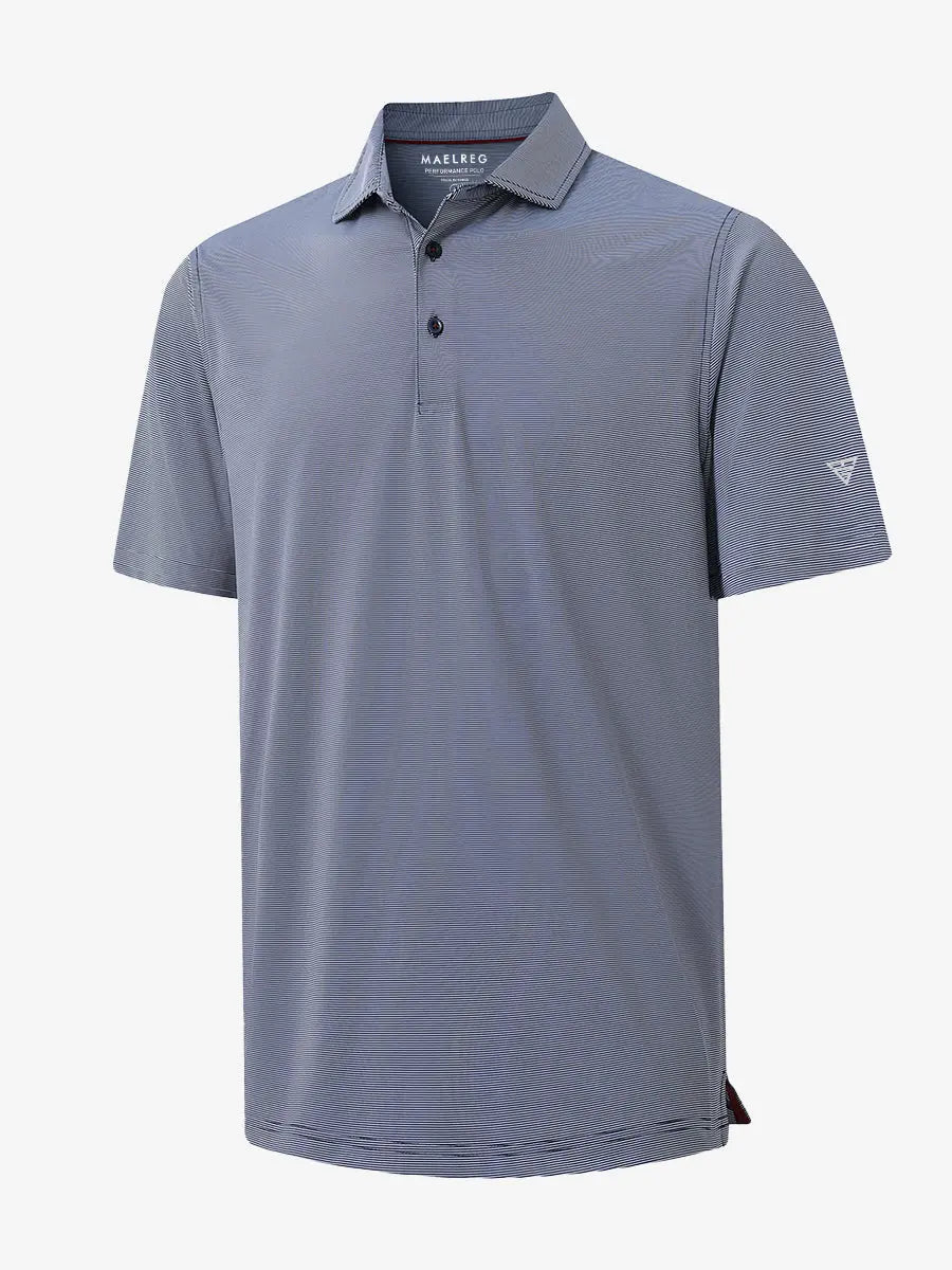 Folded NAVY STRIPE Pinstripe Jersey Performance Polo neatly displayed								
