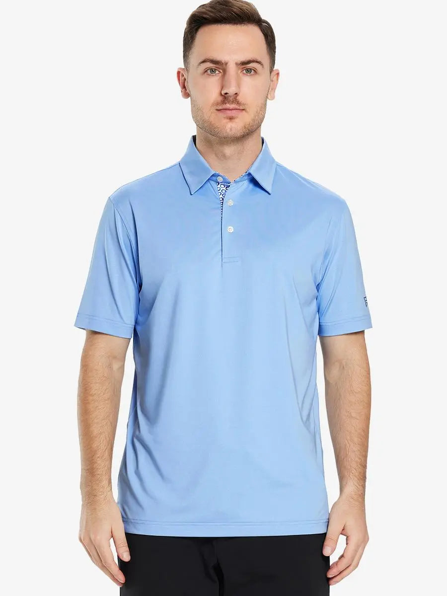 Front half-body view of male model in the Light Blue Everyday Classic Solid Polo, standing still