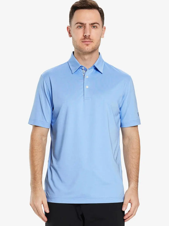 Front half-body view of male model in the Light Blue Everyday Classic Solid Polo, standing still