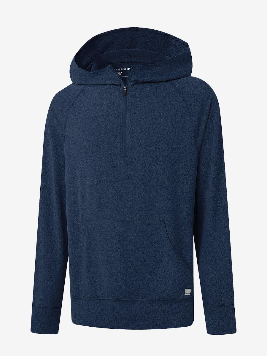 3D front view of the Quarter Zip Hoodie with Kangaroo Pocket in Cobalt Heather, athletic casual style.