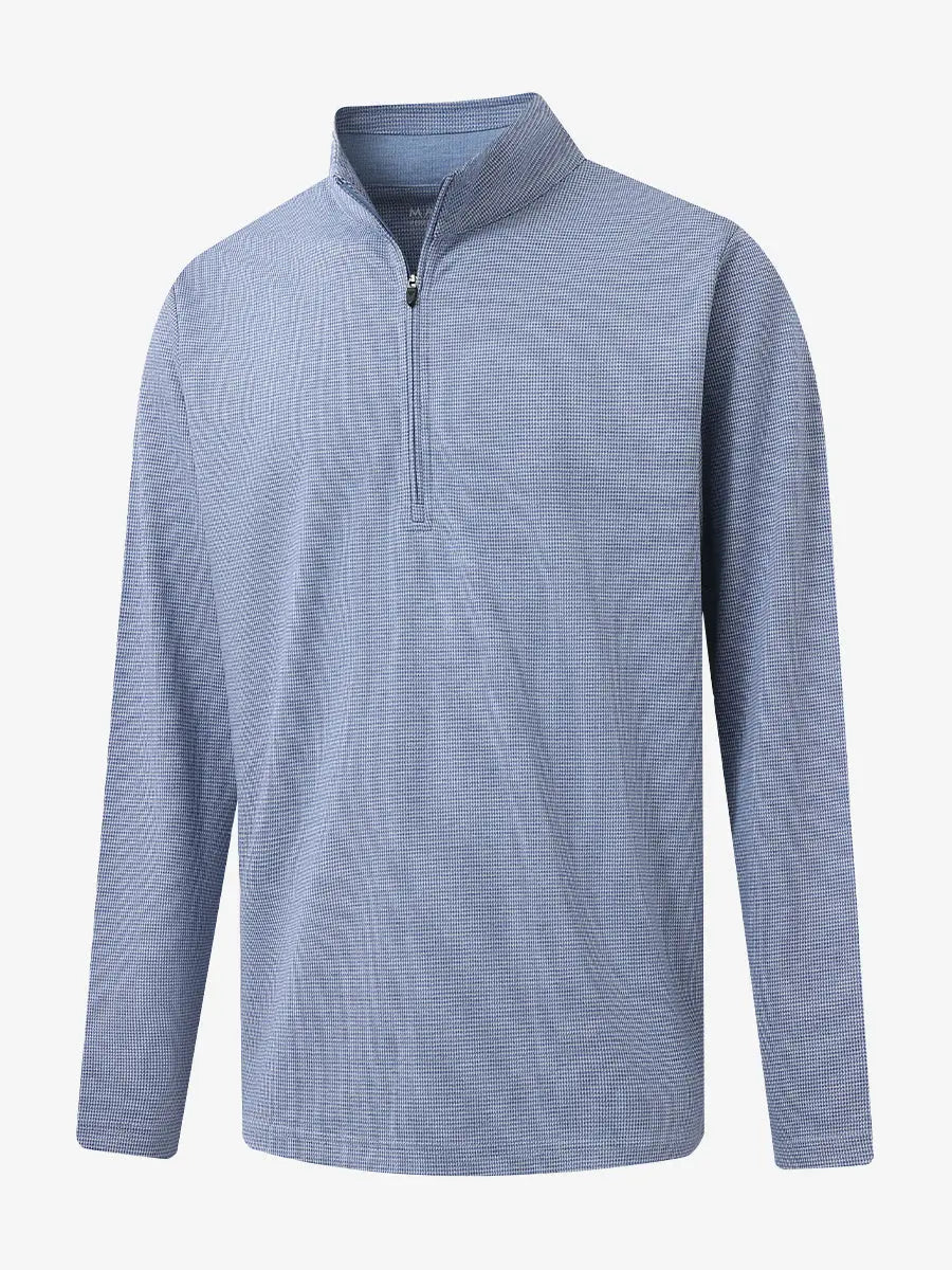 3D view of BLUE HOUNDSTOOTH Premium Jacquard Quarter Zip Pullover showcasing texture and fit.								
