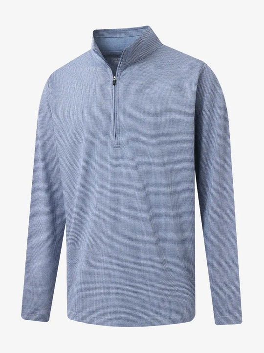 3D view of BLUE HOUNDSTOOTH Premium Jacquard Quarter Zip Pullover showcasing texture and fit.								
