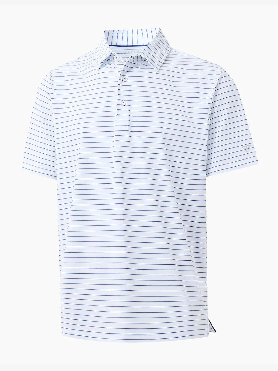 3D visual of WHITE/LIGHT BLUE STRIPE Polo showing light airy yarn-dyed stripe pattern