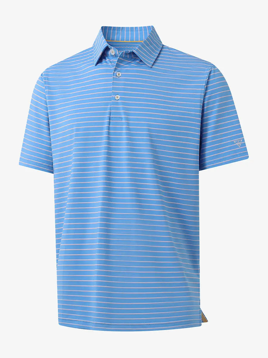 3D product view of SKY BLUE/PINK STRIPE Youth Performance Golf Polo showing design and fit.