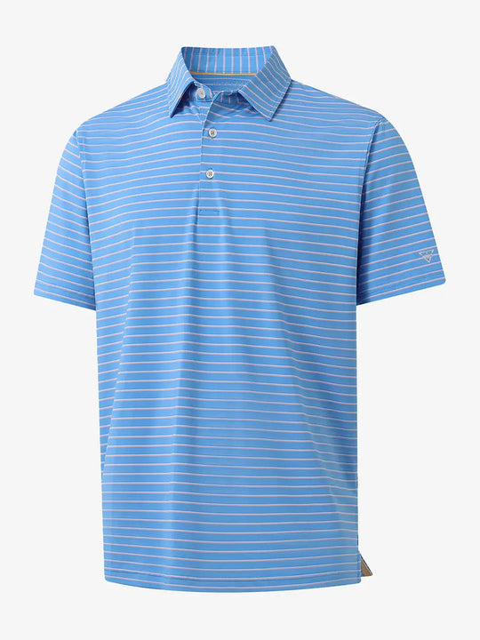 3D product view of SKY BLUE/PINK STRIPE Youth Performance Golf Polo showing design and fit.